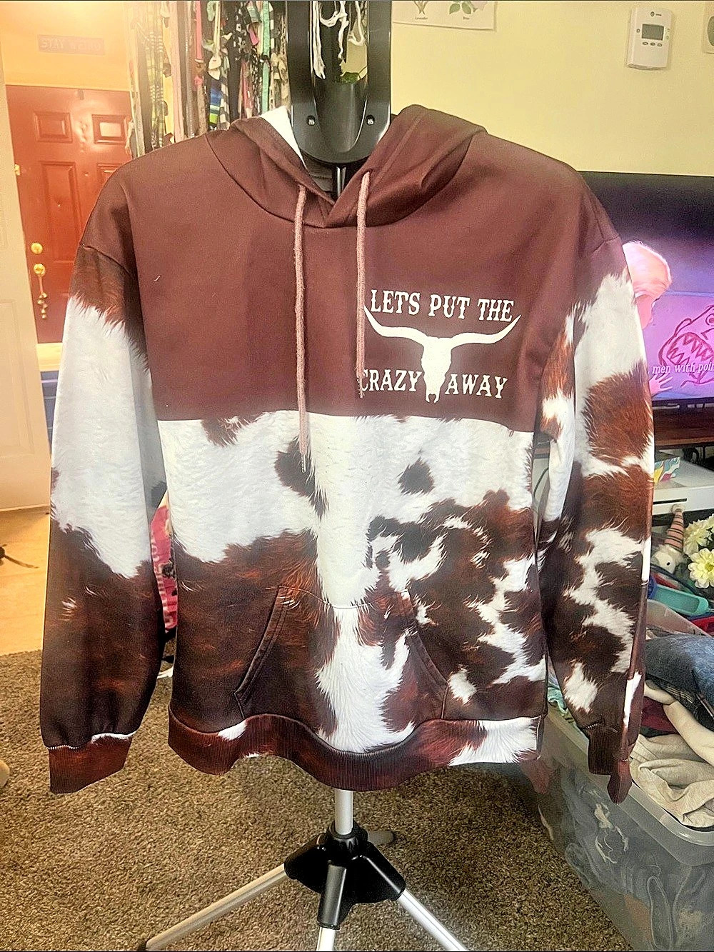 Cow Print Graphic Hoodie in Brown & White